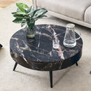 31.5' Black Marble-Patterned MDF Round Coffee Table with black Metal Legs.Adjustable Feet,Coffee table,Round Table Design,MDF Material,Black Marble Pattern.