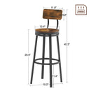 Swivel bar stool set of 2 with backrest, industrial style, metal frame, 29.5" high for dining room. Rustic Brown, 13.4"w x 40.5"h.