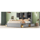 Queen Size Platform Bed with Storage Headboard and 4 Drawers, Gray