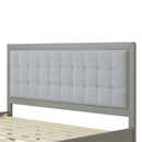 Mid-Century Solid Wood Platform Bed with Upholstered Headboard in Grey Fabric, King Size