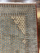 Rare Persian Rug 8x12, Qum Rug, Repeated Star Motifs, Blue and Ivory, Fine 300 KPSI, Hand Knotted Handmade Vintage Wool Rug