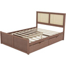 Queen Size Wood Storage Platform Bed with 4 Drawers, Rattan Headboard, Espresso