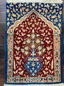 Small Persian Nain Rug, Persian Vase Tree of Life Design, Red and Blue, Very Fine 260 KPSI, Wool and Silk Highlights