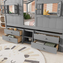 Full Size House Loft Bed with Roof, Windows,4 Storage Drawers,Pine Wooden Bed with Safety Guardrails,Ladder,Grey