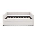 Full Size Daybed with Trundle Upholstered Sofa Bed, with Vertical Stripes, Linen Fabric, Beige (82.5'x58'x30')