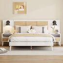 Queen Size Solid Wood Bed Frame with 2 Nightstands, Elegant Design with Lamps, Rattan and Wood Combination,White