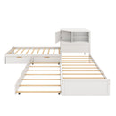 L-Shaped Combination Twin Bed with Trundle and Drawer,3-in-1 Low Corner Platform Bed Linked with Built-in Desk and Led Downlight, White