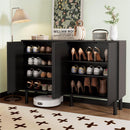 ON-TREND Minimalist Shoe Cabinet with 5 Solid Wood Legs, Cream Style Sideboard Buffet Cabinet with Fluted Doors, Large 4-Door Storage Cabinet with Adjustable Shelves for Living Room, Black, 55.1*13.7'