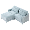 Elegant Two-Seater Sofa with Ottoman and Lumbar Pillows in Sky Blue Chenille, High-Quality Wood and Sponge