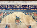 Chinese Wool Rug 8x11, Peking Asian Oriental Carpet, Cream/Ivory and Blue, Vintage Handmade Rug, Art Deco Rug
