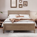 Mid-Century Wood Platform Bed with Headboard and Wood Slat Support, No Box Spring Needed, Queen Size, Brown