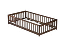 Twin Size Floor Bed with Fence and Door,Rubber Wood Floor Bed with Safety Guardrails,Espresso