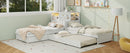L-Shaped Combination Twin Bed with Trundle and Drawer,3-in-1 Low Corner Platform Bed Linked with Built-in Desk and Led Downlight, White