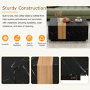 Modern 35.4 x 23.6 Inch Two-tone Coffee Table with Faux Marble and Walnut Wood Grain Finish, Rectangular Center Table with 2 Storage Drawers, Practical Cocktail Table for Living Room, Black