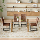 Table and chair set.A 49.6*30 Inch Transparent Tempered Glass Dining Table With Wood Grain MDF Legs.Paired With 4 Ergonomic Brown Technology Fabric Dining Chairs,Black Metal Legs.