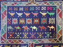 3' X 7' Vintage Handmade Indian Wool Kilim Flat weave Rug Camel Birds Blue Geometric Short Runner