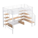 Full Size Metal Loft Bed with Staircase,Low Storage Table and Storage Shelves,White