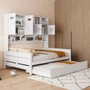 Full Size Wooden Daybed With Twin Size Trundle, and All-in-One Cabinet and Shelf, White