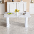 Stylish Marble Textured Dining Table with White MDF Finish and Glass Elements, 64.5 x 35.4 Inch