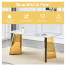 Table and chair set.63'x31.5x30' Luxurious Snow Mountain Patterned Sintered Stone Table with Golden Stainless Steel Butterfly Legs.Paried With 4 Black High-quality PU Chairs With Arched Metal Legs.