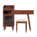 Modern Makeup Vanity Desk with Drawers, Cabinet & Charging Port, Space-saving Dressing Table Set with Stool for Small Places, Walnut