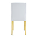 A Set of 4 White PU Leather Backrest Chairs with Gold Metal Legs - A Perfect Match, Suitable for Minimalist and Contemporary Home Décor Styles, With Product Dimensions of 16.2*18.5*34.6 inches