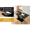 Black Marble Pattern Tempered Glass Dining Set - 71'x35.4' with 8 White PU Chairs With a Widened Backrest Design.