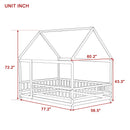 Full Size House Floor Wooden Bed with Roof Frame, Safety Guardrails,Pink