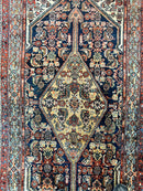 Antique Persian Runner Rug 3.7 x 15.8, Navy Blue Multicolor, Hand Knotted Handmade Wool Rug for Hallway, Geometric Medallions, Persian Hamadan Rug