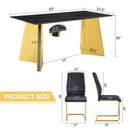 Table and chair set.63'x31.5x30'Black Texture With Lines Patterned Sintered Stone Table with Golden Stainless Steel Butterfly Legs.Paried With 4 Black High-quality PU Chairs With Golden Metal Legs.