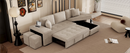 Modern L-Shape 3 Seat Reversible Sectional Couch with Pull Out Sleeper, Storage Chaise & 2 Stools, Cream, Linen Chenille