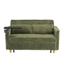 The pull-out and push-in green corduroy sofa with dual functions, equipped with a movable tabletop and USB ports, is suitable for use in living rooms and bedrooms.