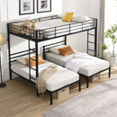 Modern Metal Triple Bunk Bed with Vertical Ladder, Safety Rail, and Storage Shelf in Black