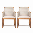 Acacia Wood Outdoor Dining Chairs Set of 2 with Rope Design Back and Arms, Washable Cushion, Light Brown