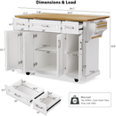 K&K 54inch Large Kitchen Island with Rubber Wood Drop Leaf, Embossed Texture Rolling Kitchen Cart on 4 Wheels with 4 Doors and 3 Drawers, Kitchen Island with Storage for Kitchen, Dining Room,White
