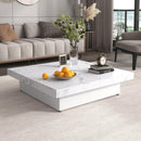 Square Marble Veneer Coffee Table Sliding Top with Storage in White 39.4"