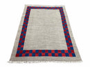 5' 7" x 7' 9" Geometric Kilim Carpet, Gray, Handmade, Hand-Knotted Area Rug, Blue & Red, Flatweave, Wool, New, Checkerboard Pattern