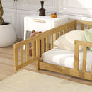 Twin Size Floor Bed with Fence and Door,Rubber Wood Floor Bed with Safety Guardrails,Natural
