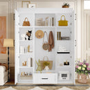 U-Can 85.2''H Hall Tree with Bench and 3 Hooks, Modern Entryway Storage Organizer Cabinet with 4 Doors, 1 Drawer and Adjustable Shelves for Hallway, Entryway, Living Room