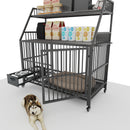 Large pet cage with storage rack, drawers with stainless steel food and water basins, double-layer storage rack made of iron frame and MDF material, sturdy, exquisite, and practical (black+smoke gray)