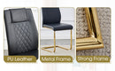 Table and chair set.Modern Luxurious Transparent Tempered Glass Dining Table Set with 8 Chairs.Single Fork Golden Metal Table Legs.Black high-quality PU dining chairs with golden metal legs.