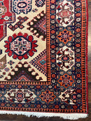 Antique Persian Heriz Rug 8x12 ft, Geometric Tribal Room Sized Carpet, Camel Hair Red Navy Blue, Wool Hand Knotted Medallion Oriental Carpet