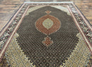 Persian Tabriz Rug 7x10, Very Fine 330 KPSI 50 Raj, Black and Beige, Handmade Wool Vintage Persian Carpet