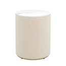 Upholstered Nightstand with 3 Drawers, Round Bedside Table with Metal Handles,Marbling Stickers Top Night Table for Bedroom, Fully Assembled Except Handles, Beige