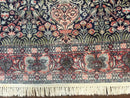 Silk Indian Kashmiri Rug 4x6, Tree of Life Pattern, Birds, Fine 290 KPSI, Navy Blue and Red, Handmade Oriental Carpet