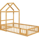 Wooden Floor Bed with Fence Railings and Detachable House Shape Headboard, Twin Size Bed with Kids Dress Up Rack, Kids Montessori Style Playhouse Frame for Girls Boys, Natural