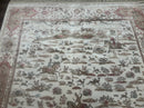 Large Turkish Silk Rug 8x10, Ivory, Hunting Design, Bamboo Silk, New