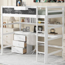 Wood Twin Size Loft Bed with Desk, Blackboard, Storage Box, Shelf and 3 Drawers, White