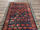 Antique Seychour Rug 4x7, Collectible Kuba Caucasian Carpet, Wool Handmade, Red Navy Blue Cream, Repeated Allover Motif, Early 20th Century