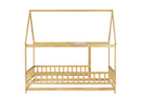 Full Size House Floor Wooden Bed with Roof Frame, Safety Guardrails,Natural